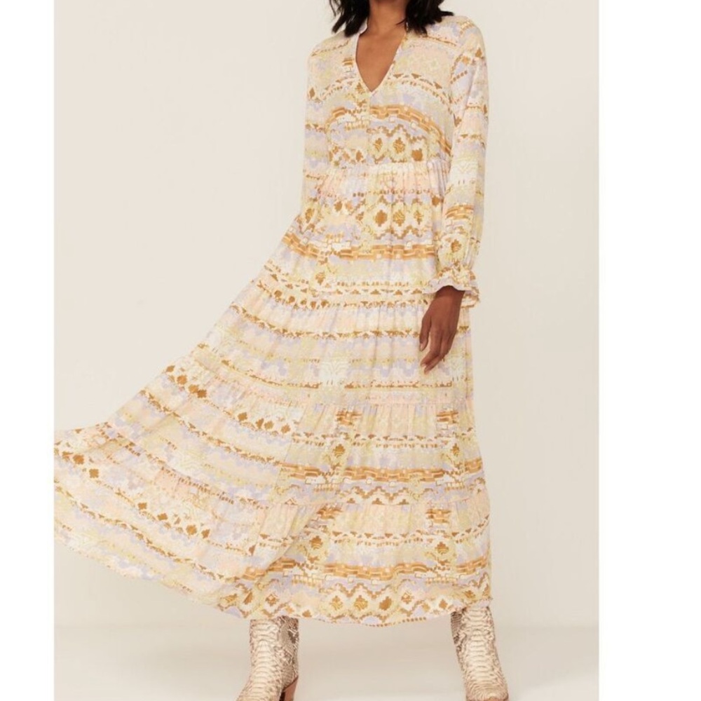 Shyanne Western Cream Multi Color Boho Aztec Pattern‎ V-Neck Tiered Maxi Dress